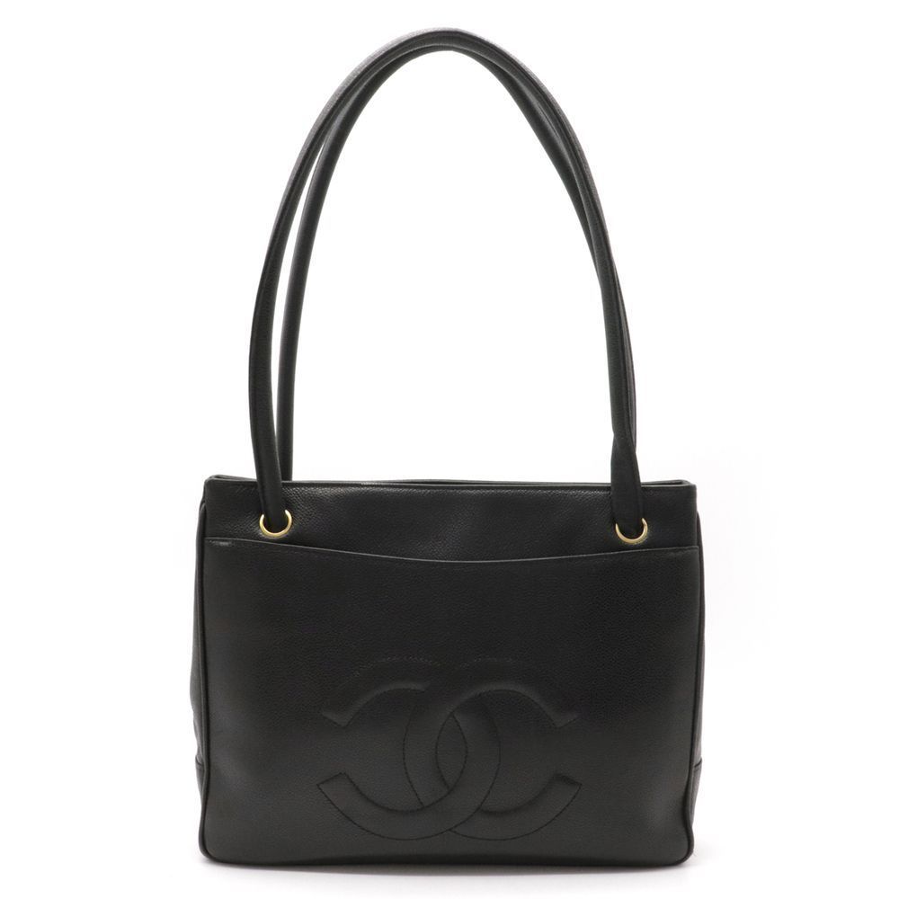 Cocomark Tote  Shawl Caviar Skin Leather Black Gold Metal Fittings